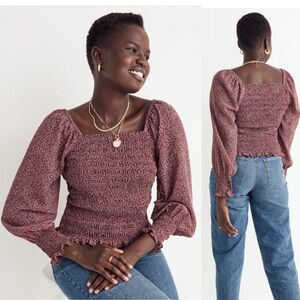 Madewell‎ Lucie Bubble-Sleeve Smocked Top Cottage Garden Womens Size XL Burgundy